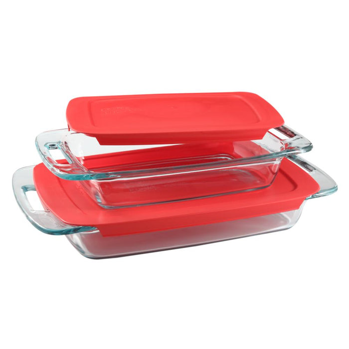 0Pyrex Easy Grab 4-Pz Oblong Baking Dish 2.85 y 1.9 L c/Tapa plastico rojo