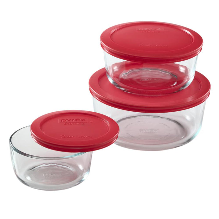 Pyrex Storage Plus 6 Pz Redondo 2- 4 y 7 Cup c/Tapa plastico rojo